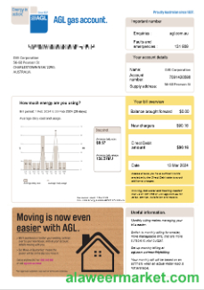Australia AGL gas business utility bill Word and PDF template, version 2